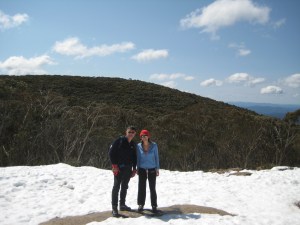 Skiing in Australia... with bare mountains behind us